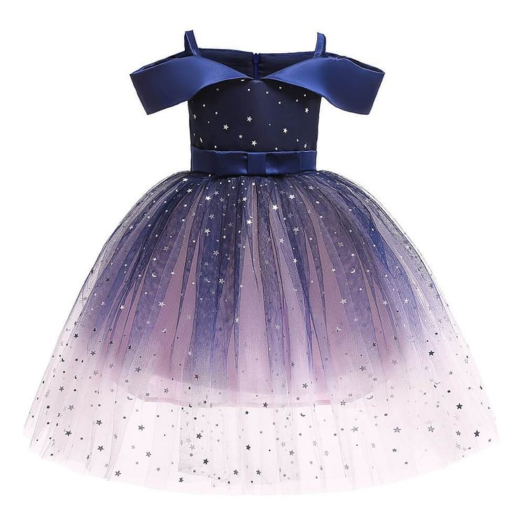 Girls Dark Blue Off The Shoulder Sequin Tulle Formal Gowns Party Dress-Mayoulove