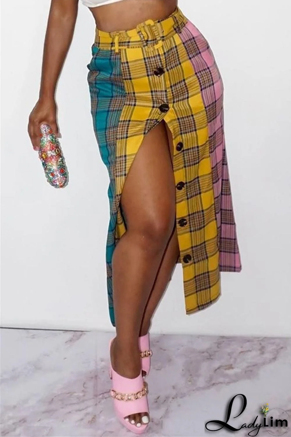 Red Fashion Casual Plaid Print Split Joint Regular High Waist Skirt