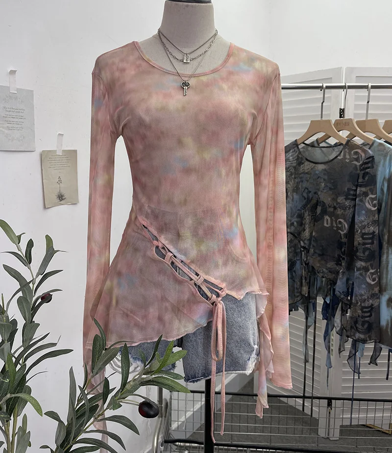 Zingj Irregular Tie With Lotus Leaf Side Tie Print Mesh Yarn Perspective Sunscreen Shirt T-Shirt T-Shirt Short T-Shirt 9928