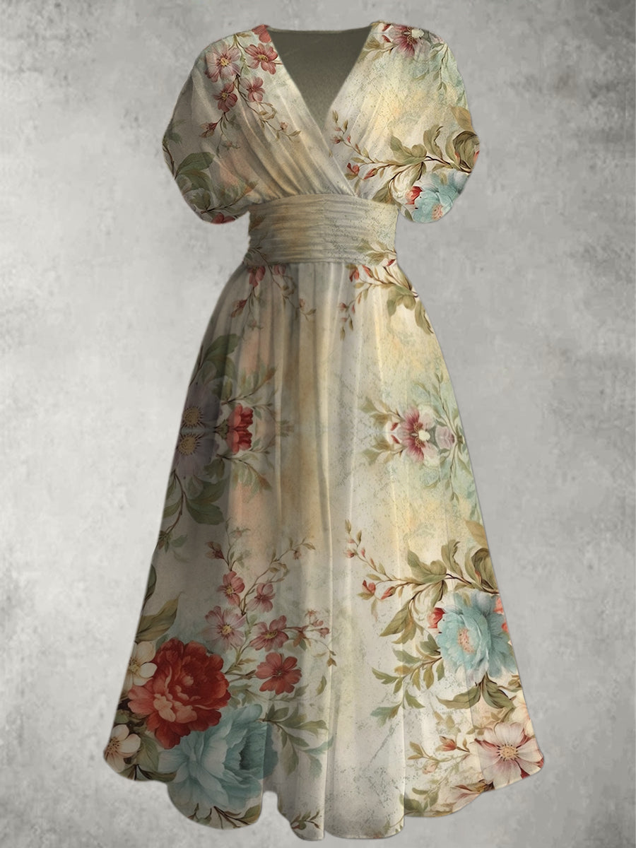 Retro Floral Print V-Neck Chic Short Sleeve Maxi Dress