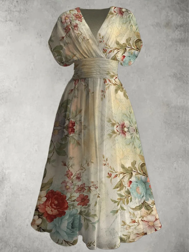 Retro Floral Print V-Neck Chic Short Sleeve Maxi Dress