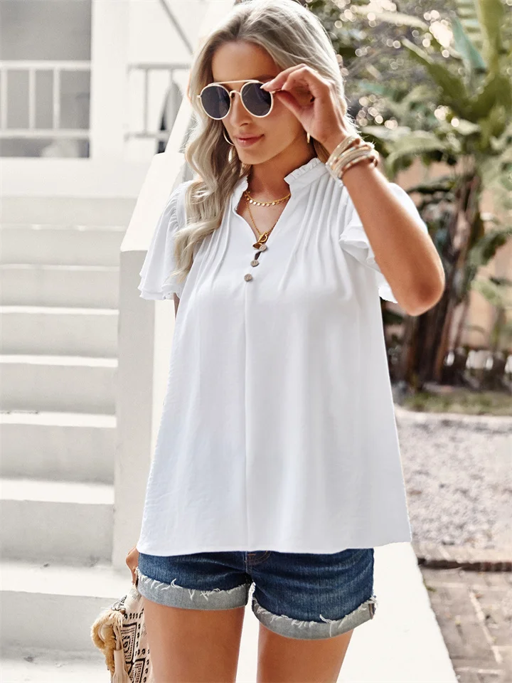 Temperament and Elegant Solid Color V-neck Women's Short-sleeved Shirt Female Summer Temperament and Elegant Ruffle Ruffle Sleeve Blouse-Cosfine