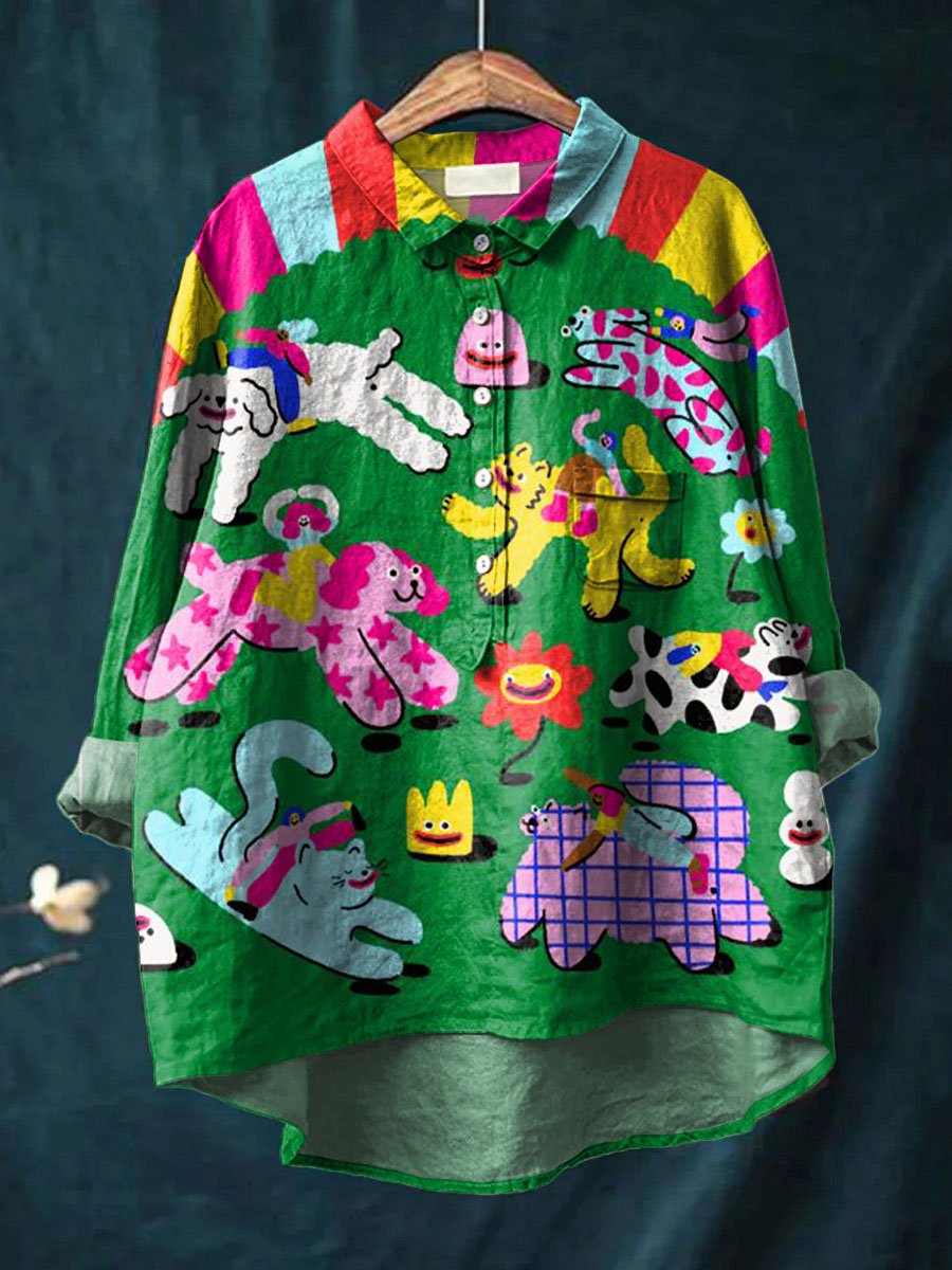 Vintage Lovely Dogs Art Print Casual Cotton And Linen Shirt