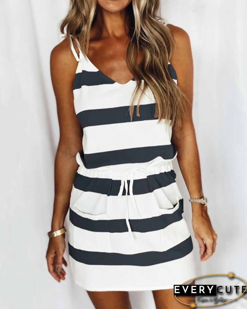 Striped Print Colorblock Drawstring Casual Dress P15584