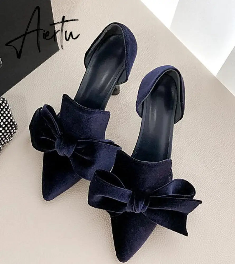 Aiertu Navy Blue Brand Designer Women Shoes Pearl High Heel Pointed Toe Velvet Bow 9 cm Stiletto Party Shoes Pumps 34-43 Aiertu