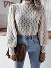 Stand Collar Puff Sleeves Lace Solid Color Fashion T-Shirt Top