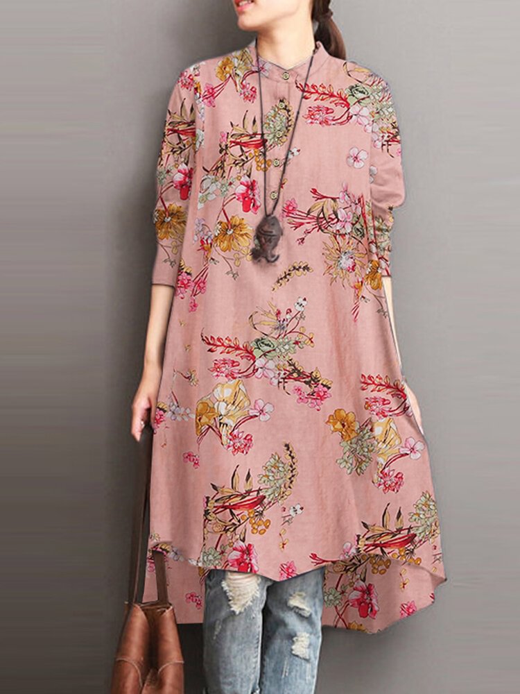Plants High-low Button Long Sleeve Stand Collar Vintage Dress - Life is Beautiful for You - SheChoic