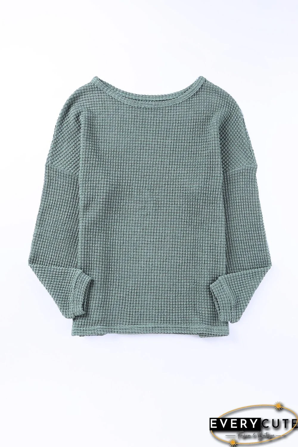 Green Waffle Knit Drop Shoulder Long Sleeve Top