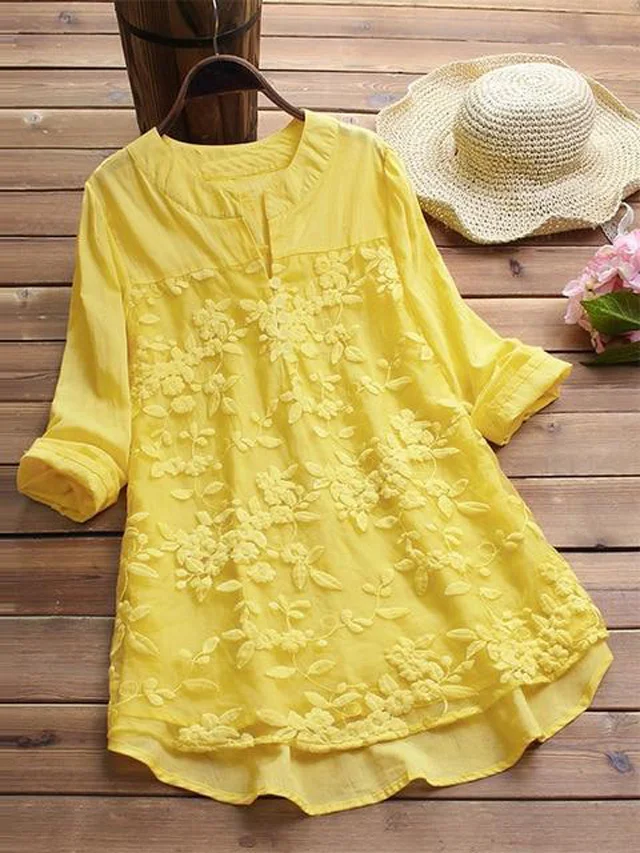 Women Elegant V Neck Long Sleeve Loose Cotton Linen Tops Party Shirt Casual Vintage Embroidery Blouse
