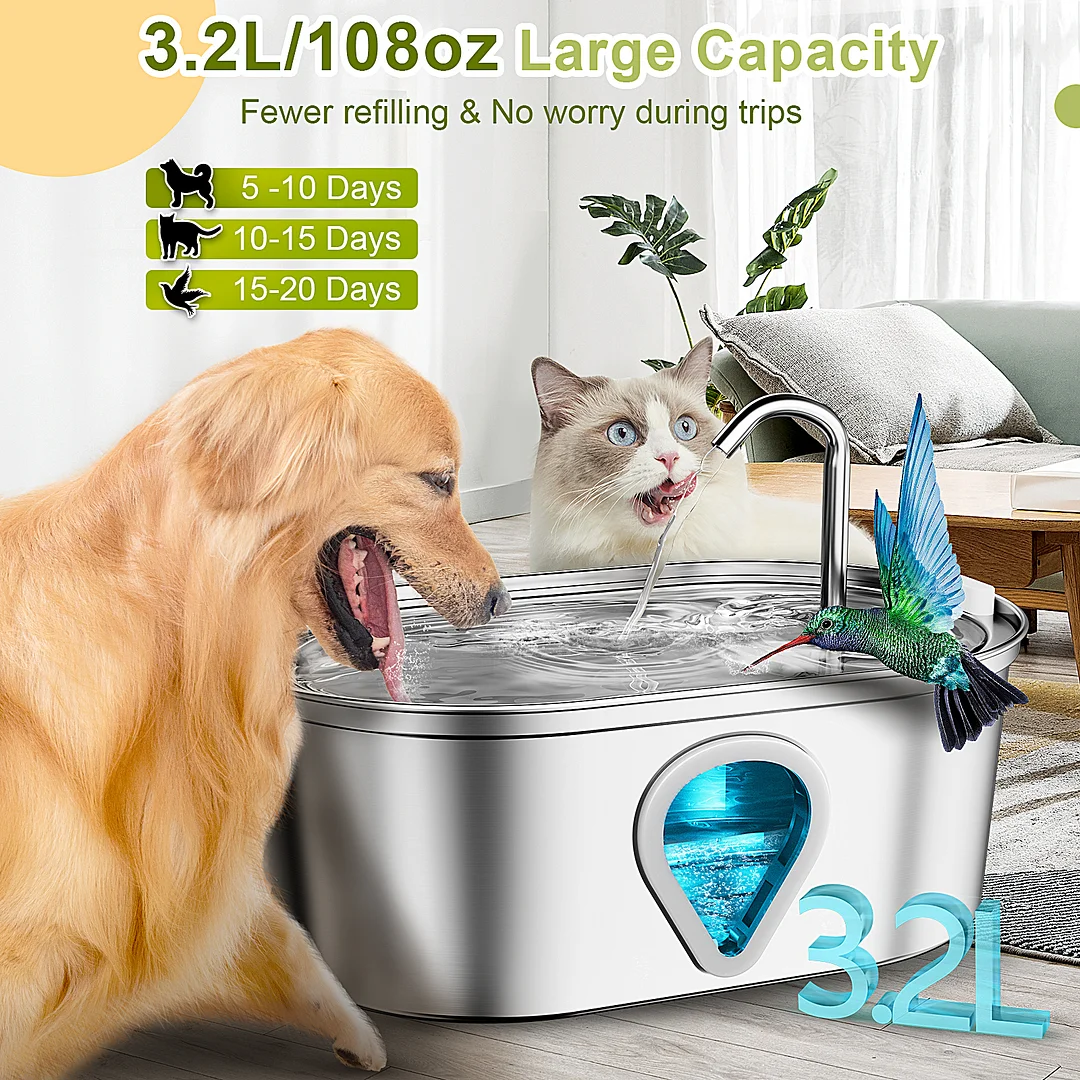 BEBANG Cat Water Fountain Stainless Steel, 108oz/3.2L Cat Fountain for Drinking