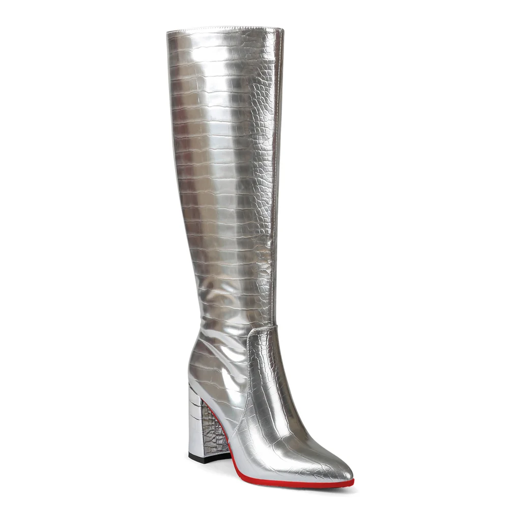 95mm Women's  Knee Boots Leather Red Bottom High Heels Mechanical Style Boots-MERUMOTE