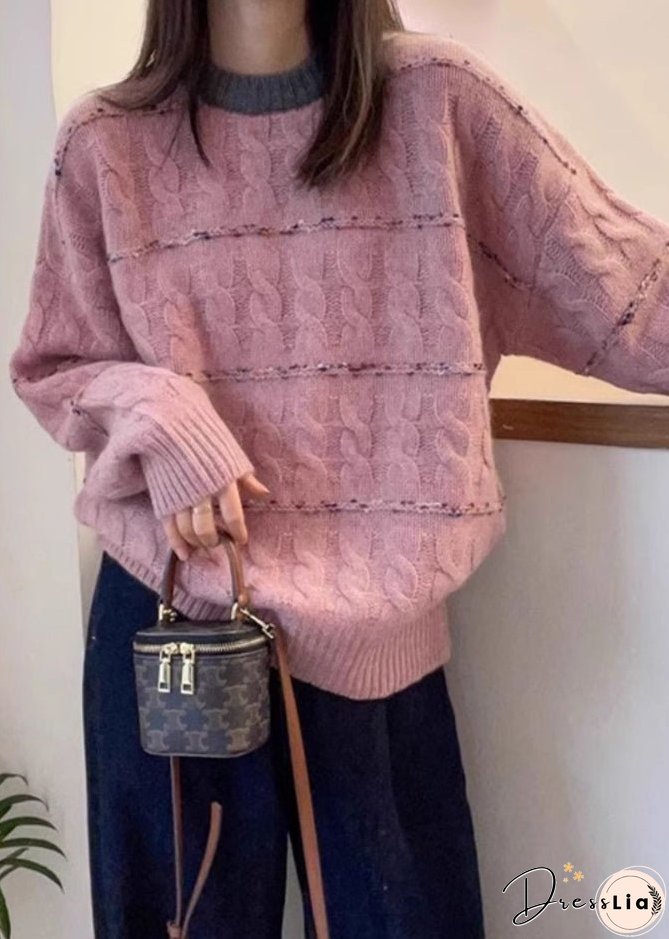 New Pink O Neck Cozy Patchwork Knit Sweaters Fall