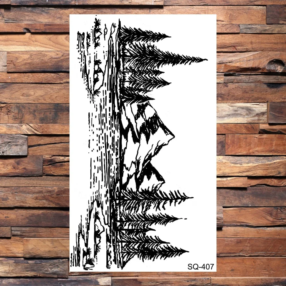 Small Forest Pine Tree Temporary Tattoos For Women Men Realistic Whale Mountain Sea Wave Fake Tattoo Sticker Arm Body Tatoos