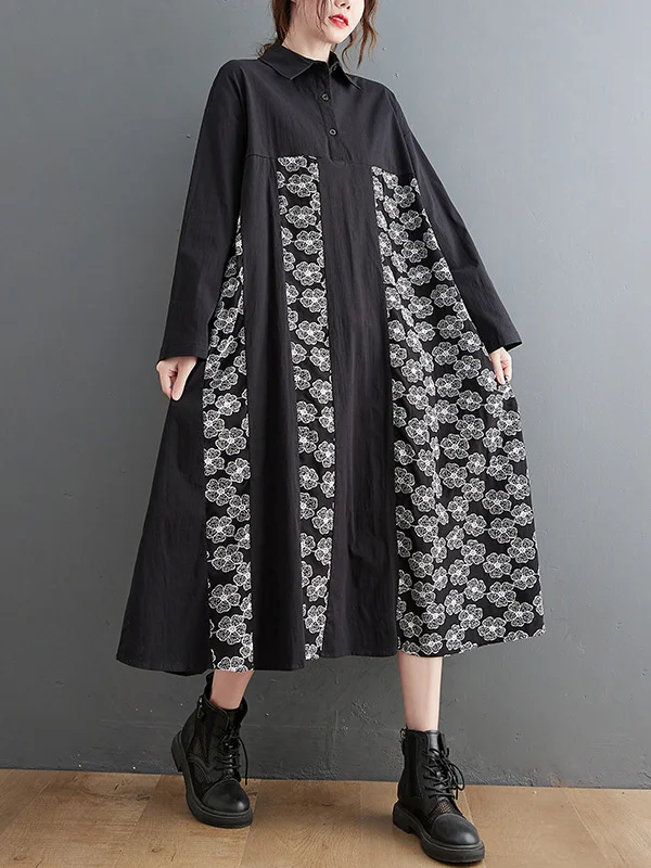 Printed Patchwork Shirt Midi Dress - yankia