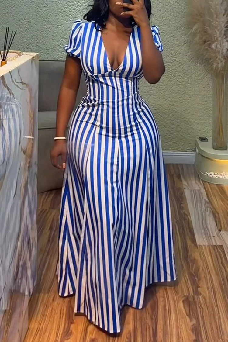 Plus Size Vacation Blue Elegant Striped V Neck Puff Sleeve Short Sleeve Maxi Dresses [Pre-Order] 2024 - Xpluswear