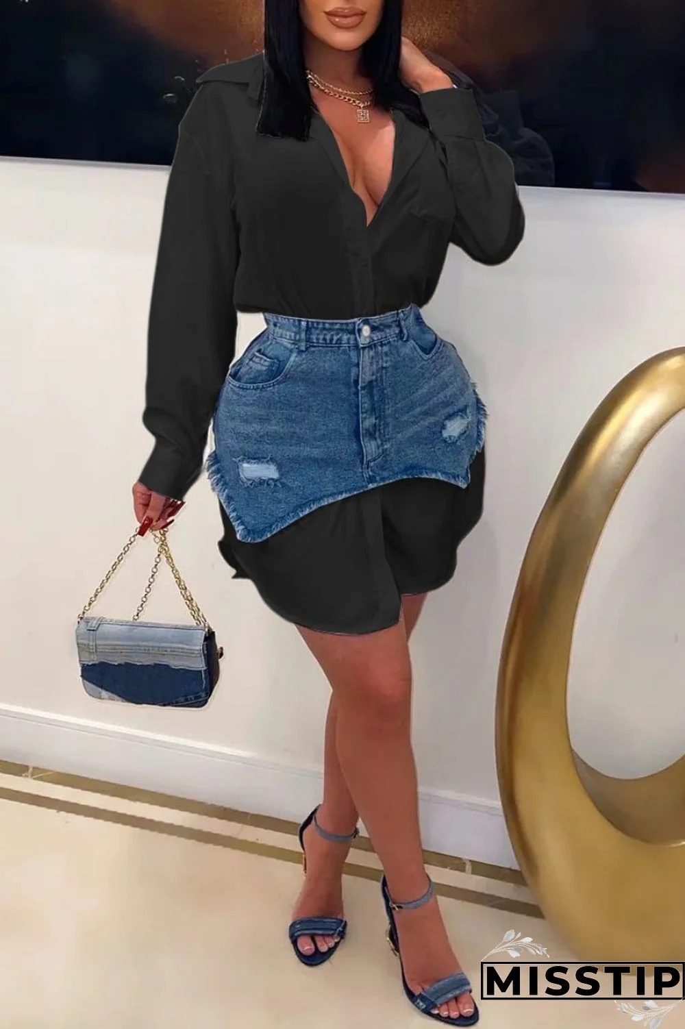 Black Casual Solid Ripped Turndown Collar Long Sleeve Two Pieces