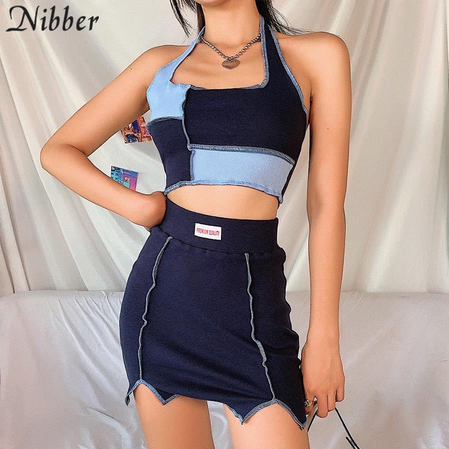 Nibber Fashion Patchwork Sleeveless Halter Skinny Two Pieces Set For Women Sexy Backless Crop Top And Mini Bodycon Skrits Mujer