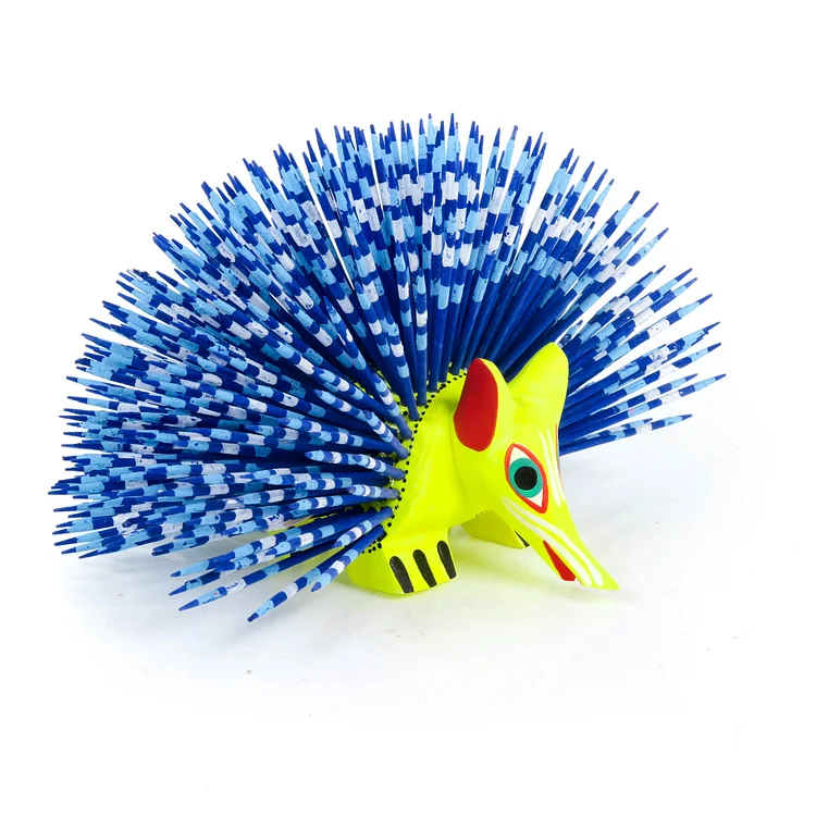 Blue & Yellow Porcupine - Oaxacan Alebrije Wood Carving