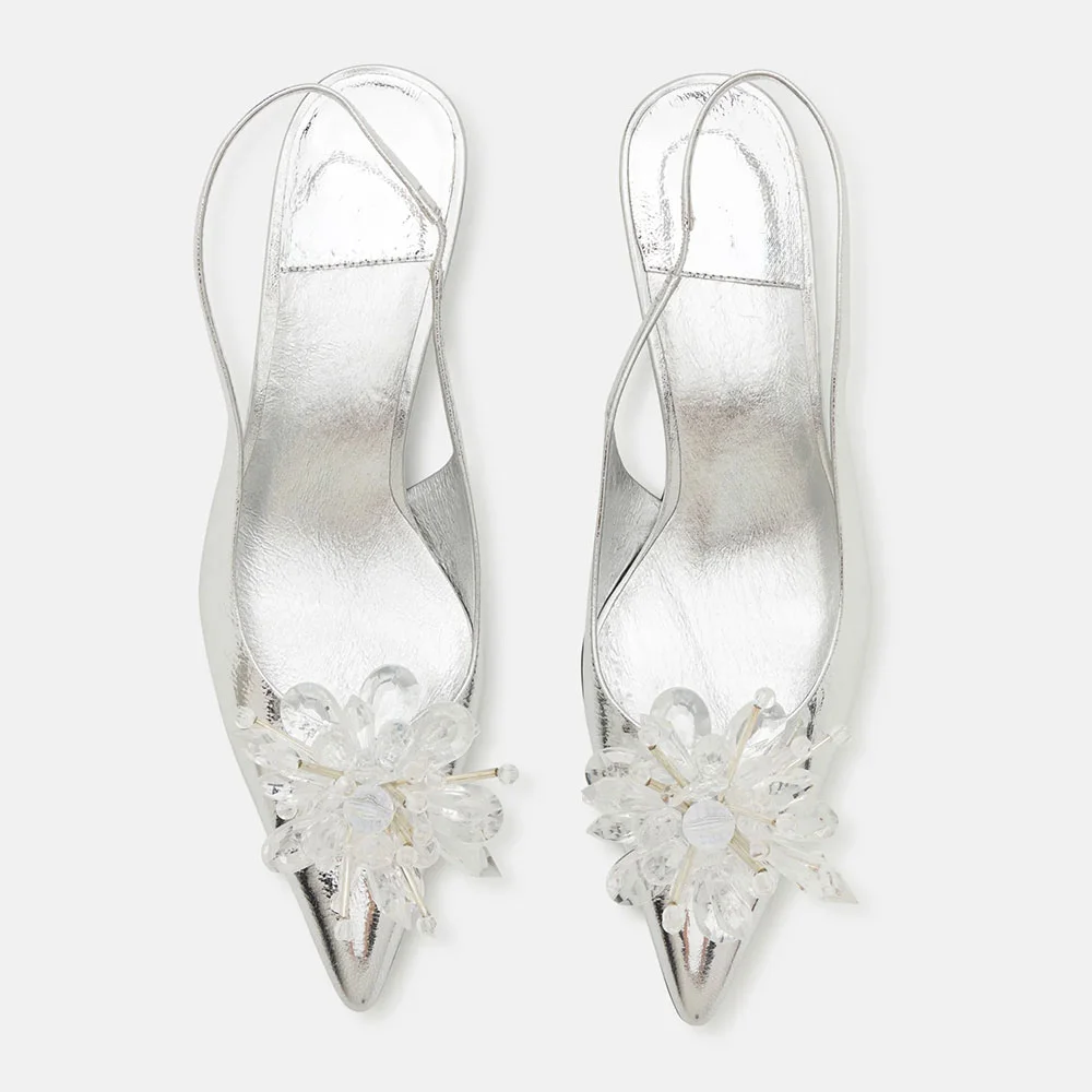 Silver Pointed Toe Kitten Heel Flower Rhinestone Slingback Pumps