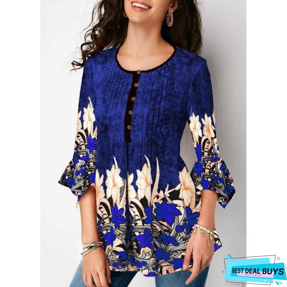 Women Plus Size Three Quarter Sleeve Floral Print Causal Loose Tunic Blouse Shirts