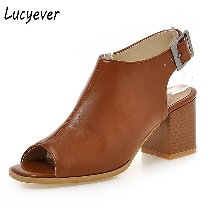 Lucyever 2021 Summer Classic Women Soft Leather Sandals Concise Peep Toe Buckle Solid Boots Thick Heels Shoes Woman Plus Size