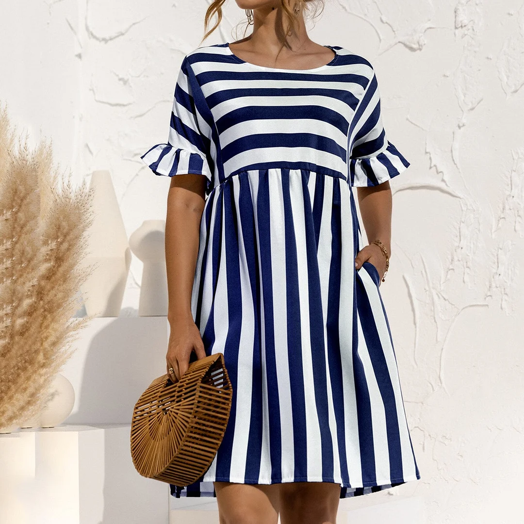 Women Summer Dress Fashion Striped Print Ruffles Sleeves Loose Dresses Elegant O Neck Plus Size Party Female Mini Dress Vestidos