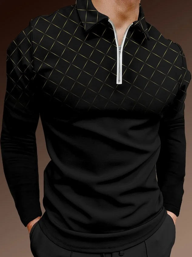 Casual Art Collection Gradient Abstract Stripes Geometric Pattern Lapel Zip Long Sleeve Print Polo Shirt