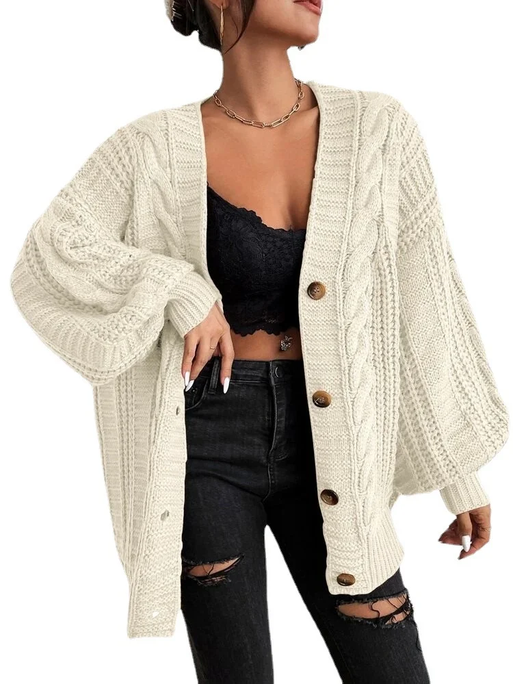 Athvotar Athvotar V-Neck Solid-Colored Open-Shirt Autumn And Winter Lazy Lantern Sleeve Loose Single-Caught Sweater Coat Woman