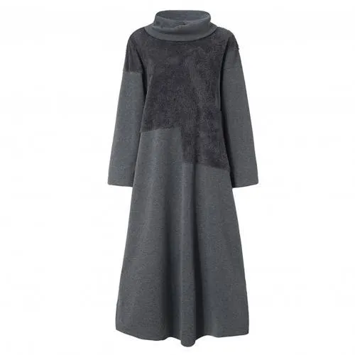 Women Autumn Turtleneck Long Sleeve Patchwork Plush Irregular Hem Maxi Dress Robe Female Plus Size Women Clothing Warm Clothes
