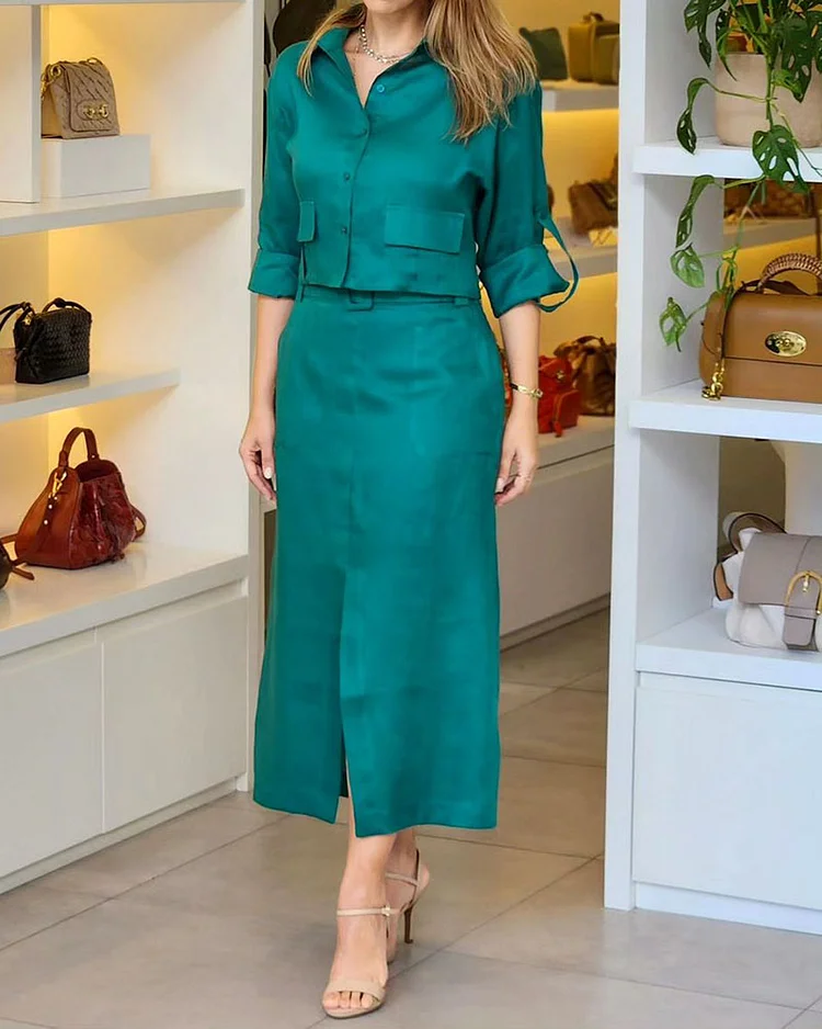 Solid Color Lapel Top and Skirt Two-piece Suit