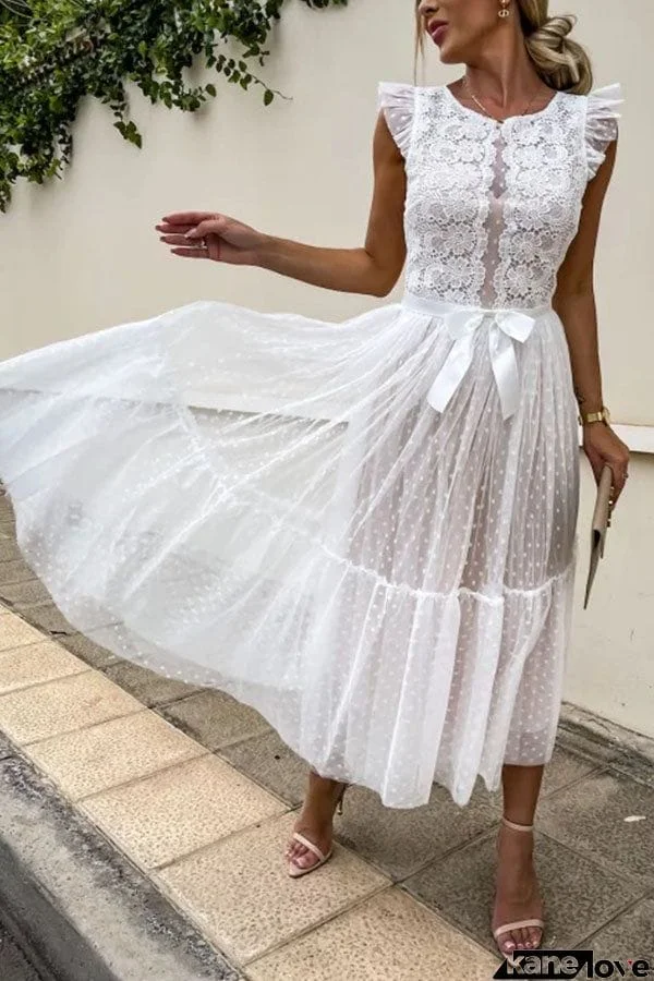 Fashion Solid Color Lace Mesh Panel Dress