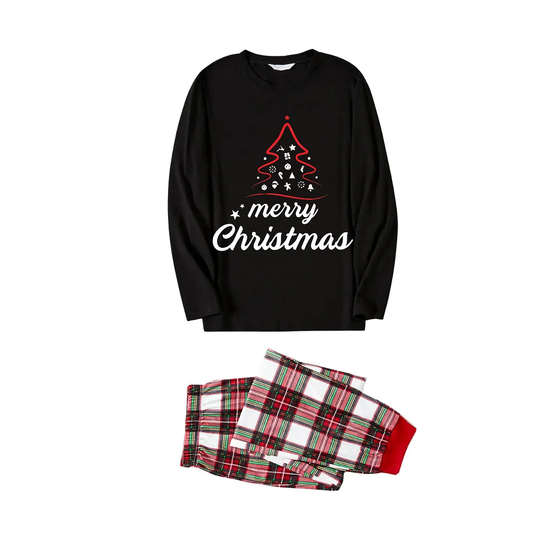 Red Christmas Tree Stick Figure - Black Top with Red & White & Green Plaid Pants Family Matching Pajama