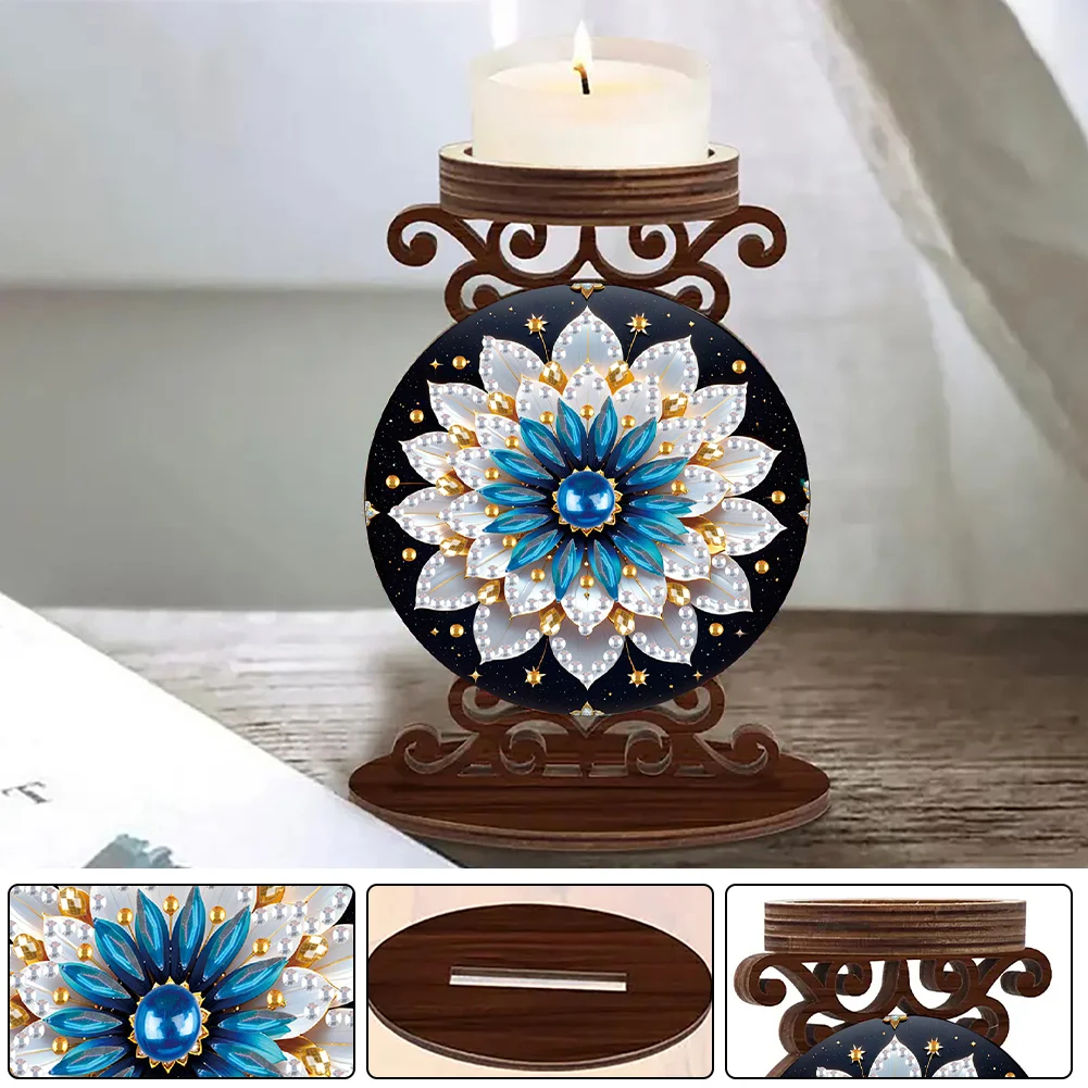 Wooden Diamond Painting Candle Holder Rhinestone Candlestick Decor (Mandala A)