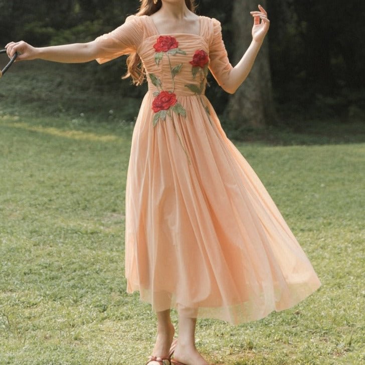 Fairy Tales Aesthetic Fairy Hand Stitched Rose Dress QueenFunky