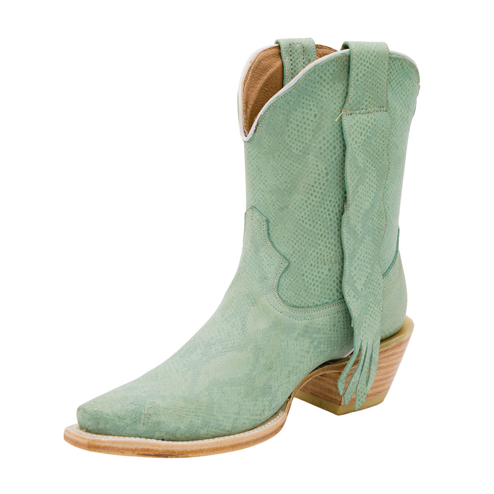 Faux Leather Snip Toe Block Heel Short Green Cowgirl Boots for Women Nicepairs