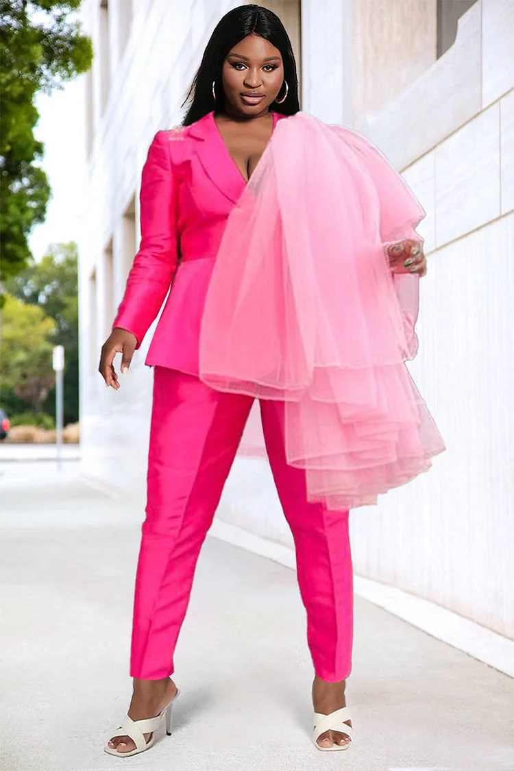 Xpluswear Design Plus Size Semi Formal Pant Sets Elegant Hot Pink Fall Winter Turndown Collar Long Sleeve Blazer Suit Tulle Two Piece Pant Sets [Pre-Order]