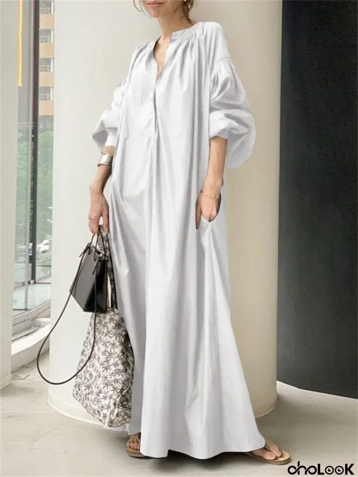 Lady Cotton Linen Lapel Solid Glossy Trending Leisure Long Dresses