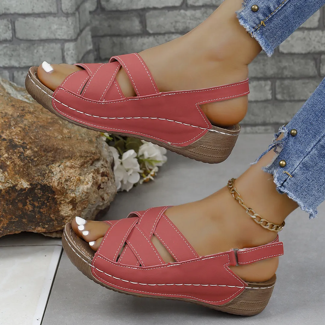 Breakj Breakj Summer New Slope With Magic Sticky Fish Mouth Roman Sandals Women Large-Size Thick-Soled Sandals Women