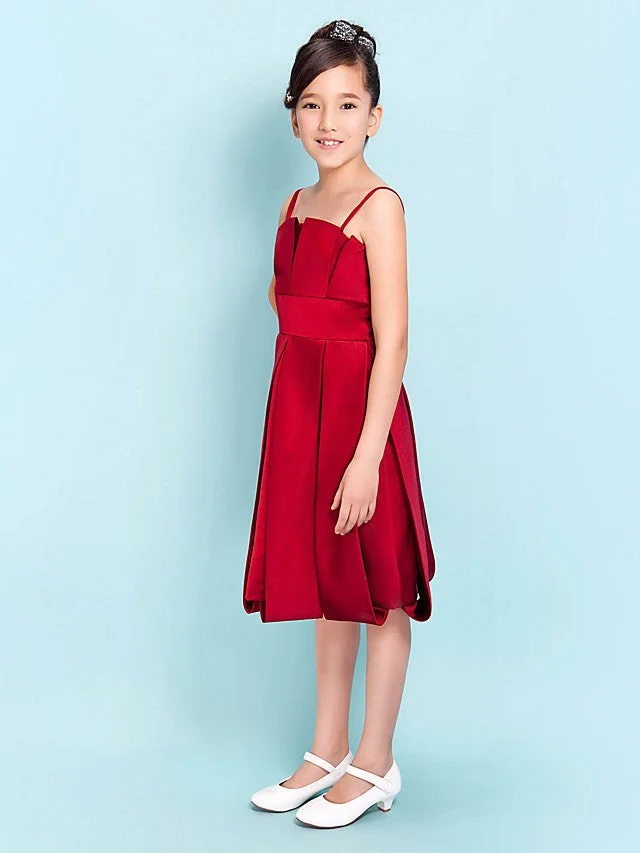 Princess / A-Line Spaghetti Strap Knee Length Satin Junior Bridesmaid Dress With Sash / Ribbon / Draping / Spring / Summer / Fall / Hourglass / Inverted Triangle