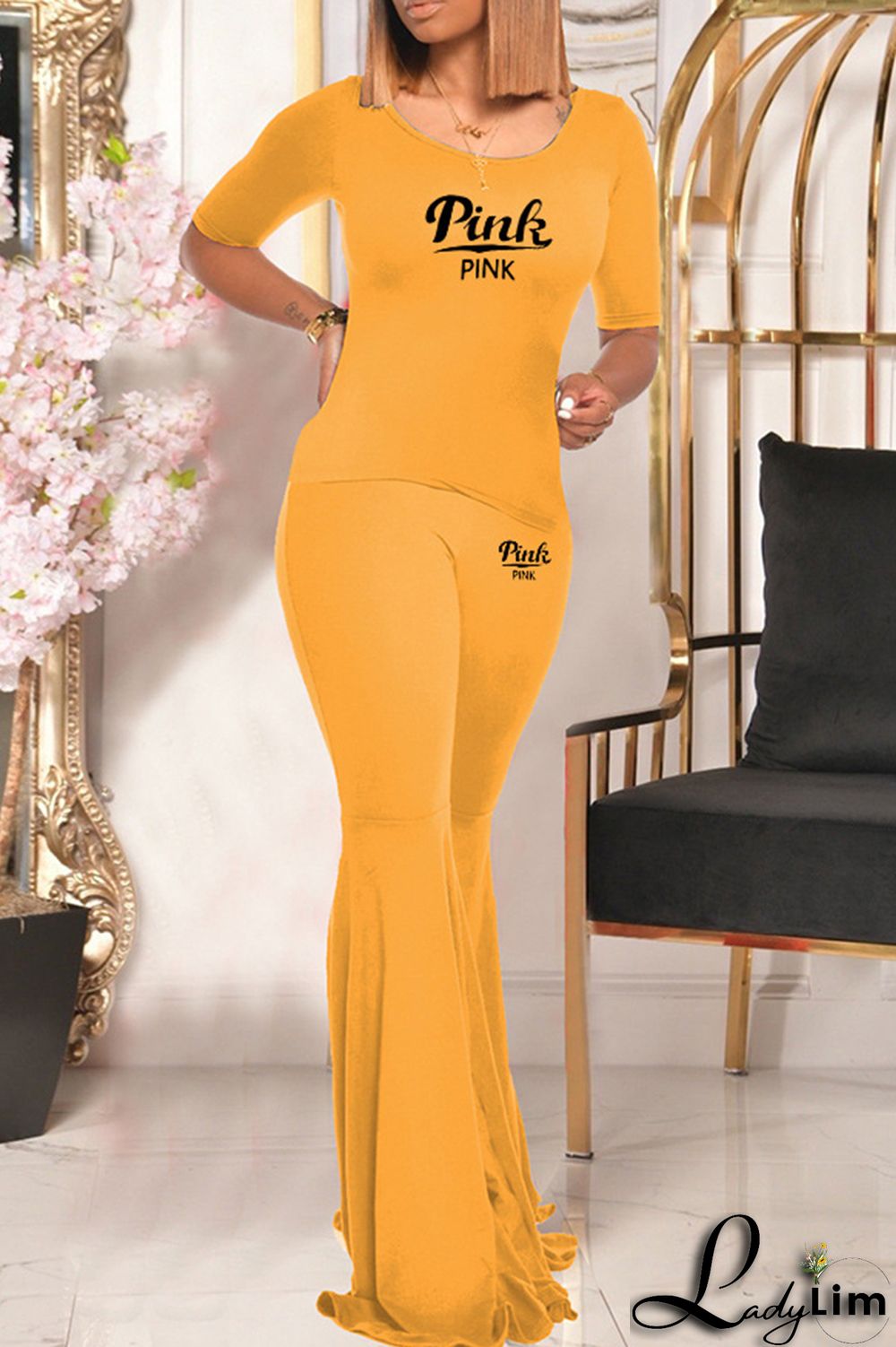 Blue Fashion Casual Letter Print Basic O Neck Short Sleeve Two Pieces