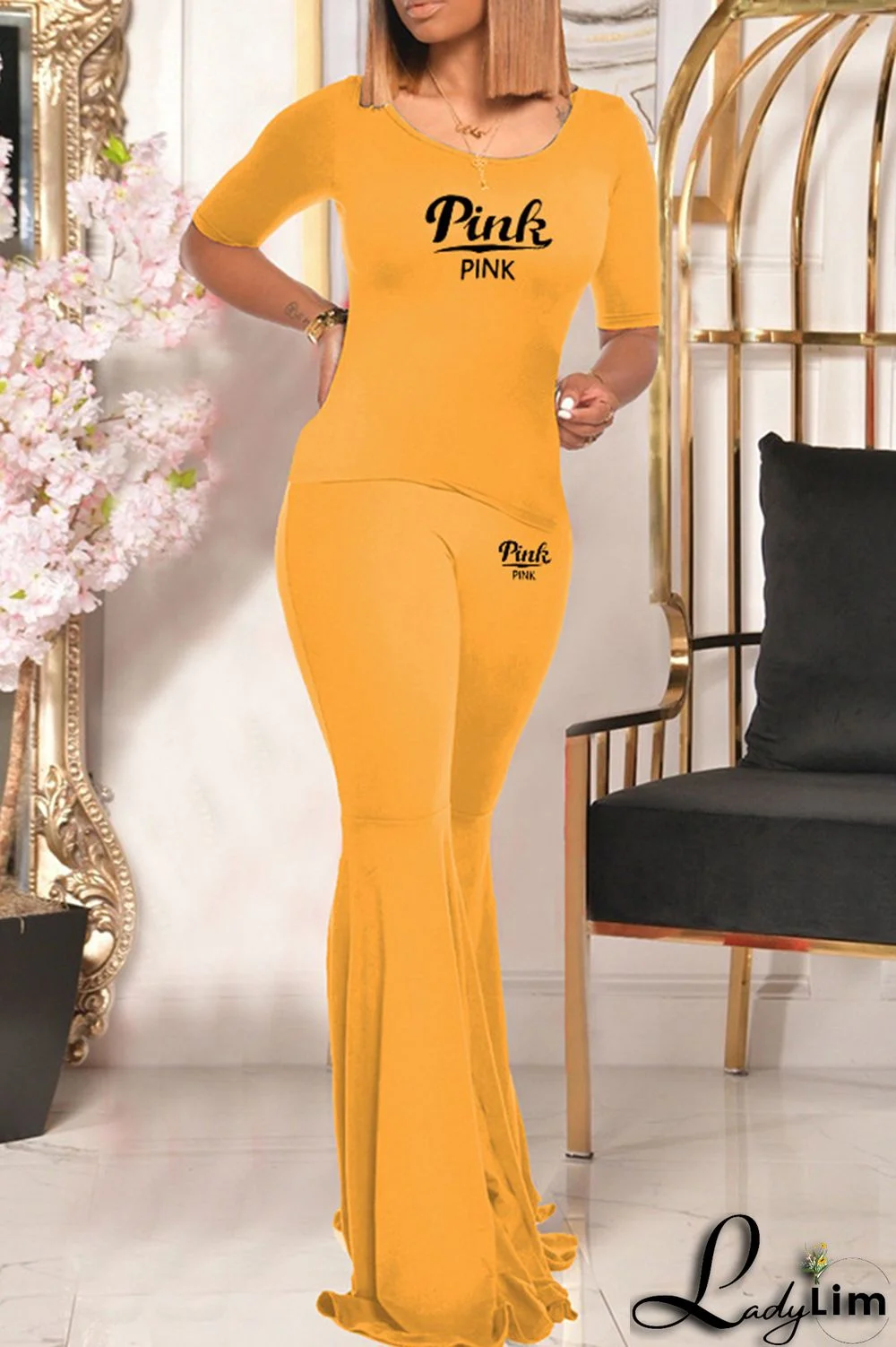 Blue Fashion Casual Letter Print Basic O Neck Short Sleeve Two Pieces