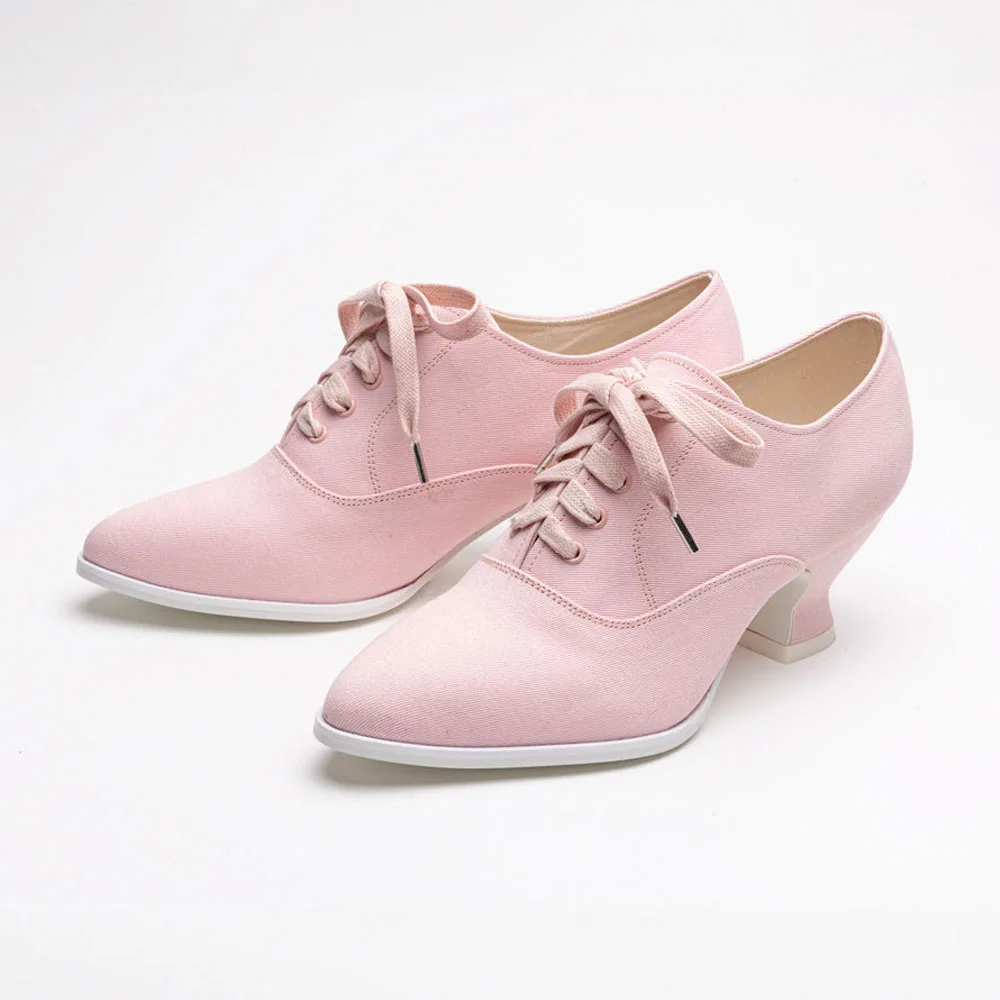 Stylish Pink Canvas Almond Toe Spool Heel Lace-Up Women's Oxfords