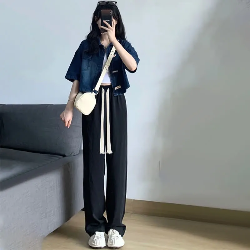 Lapel Short Denim T-Shirt Drawstring Pants Two Pieces Set