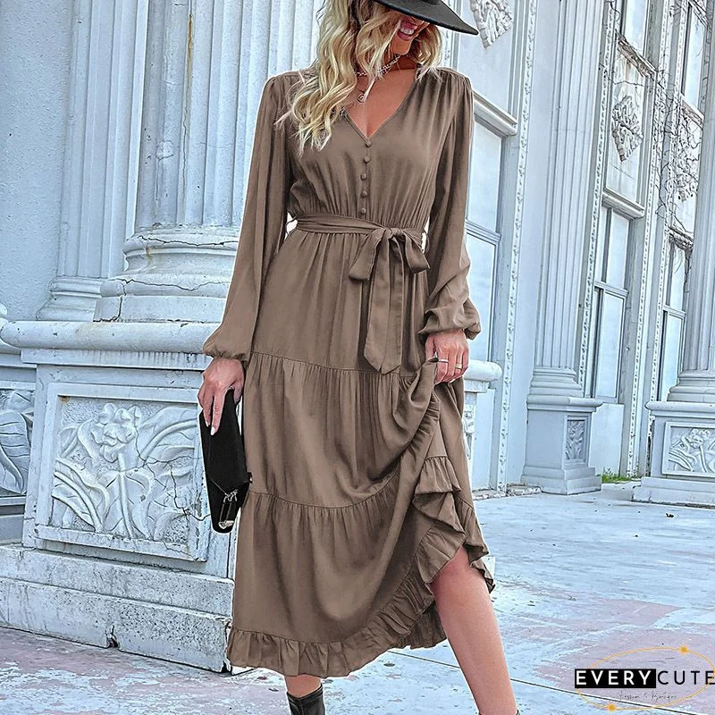 Khaki Tiered Ruffled High Low Long Sleeve Dress