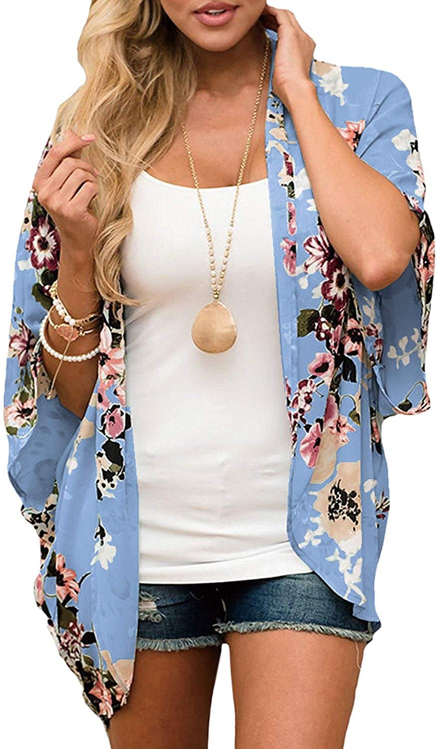 Floral Print Loose Puff Sleeve Kimono Cardigan Lace Patchwork Cover Up Blouse for women