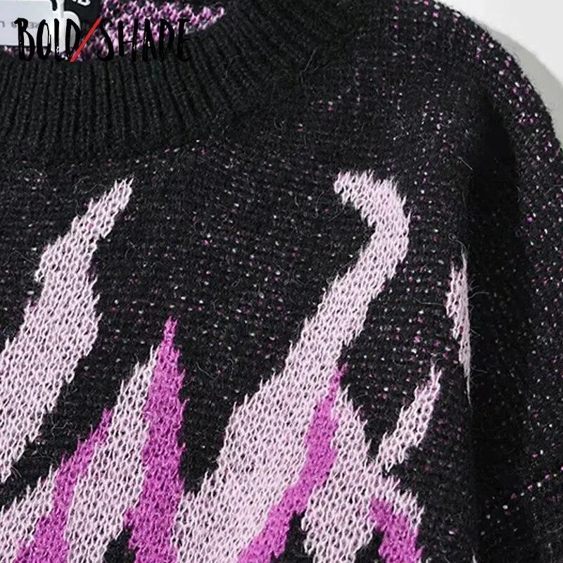 Bold Shade Indie Aesthetic Harajuku Sweaters Knitted Flame Print E-girl 90s Vintage Pullovers Women Long Sleeve Grunge Jumper