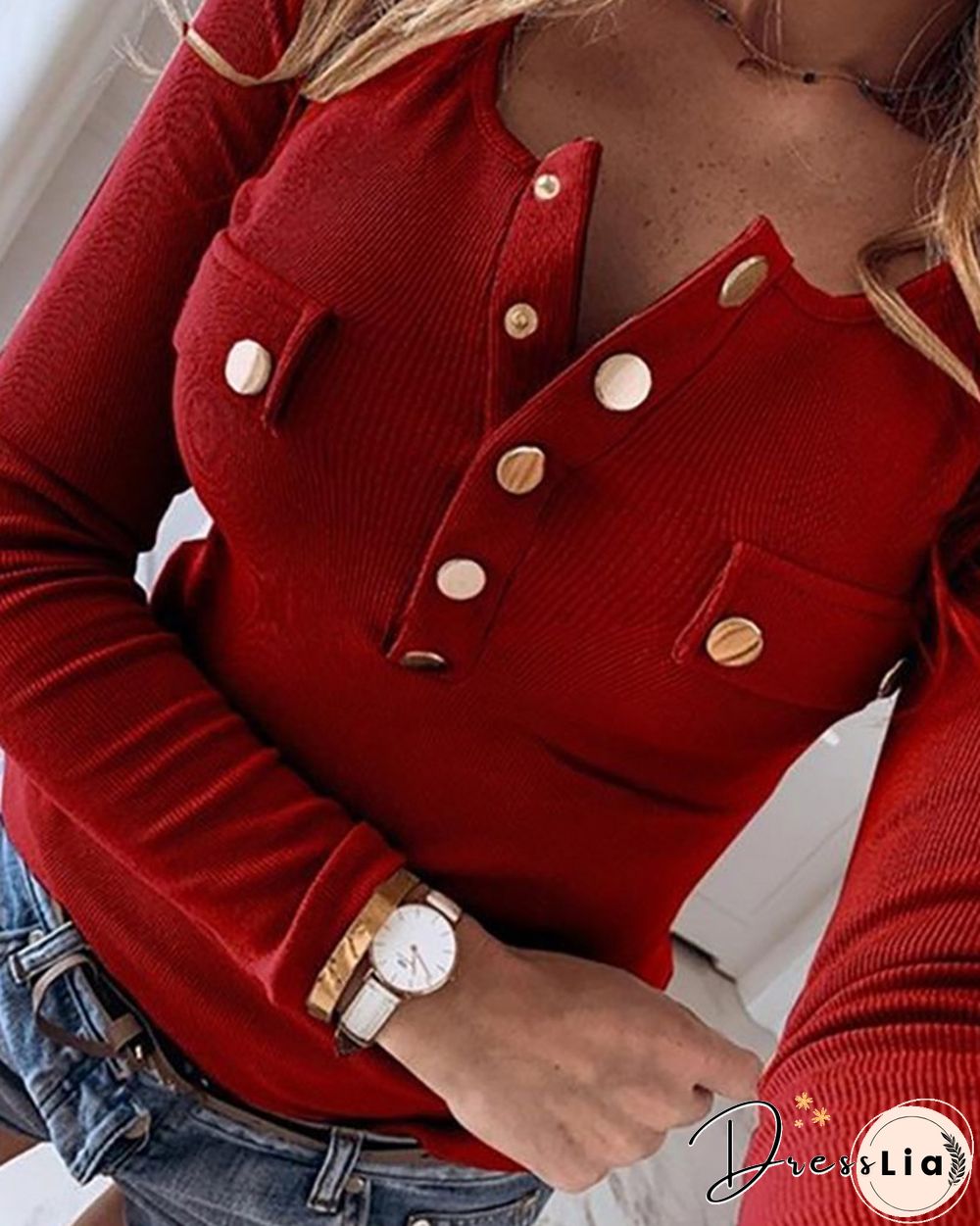 Buttoned Ribbed Long Sleeve Blouse