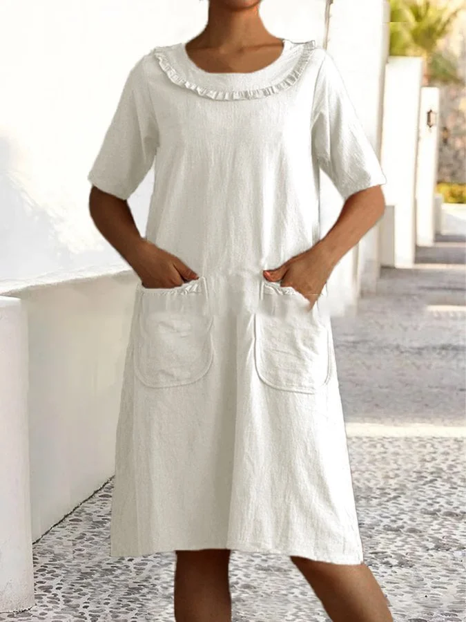 Women's Solid With Pockets And Lace Collar  Dress