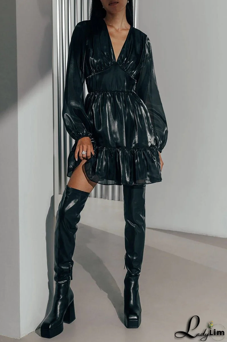 Glitter V Neck Long Sleeve Mini Dress