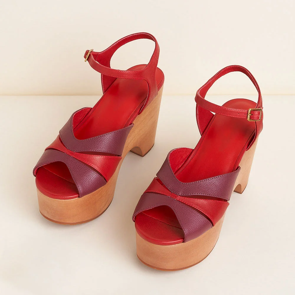 Red & Burgundy Peep Toe Ankle Strap Platform Sandals for Women